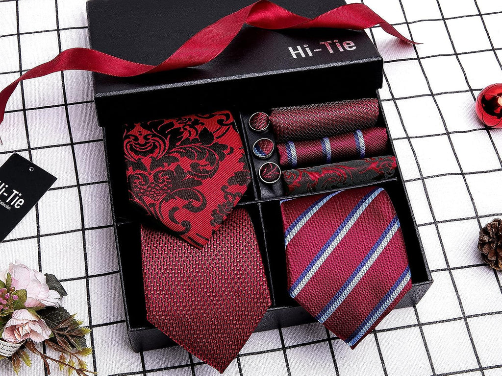 Hi-Tie - Juego de 3 piezas para hombre, incluye corbata, pañuelo de bolsillo, gemelos y pin de solapa, colección de corbata de seda