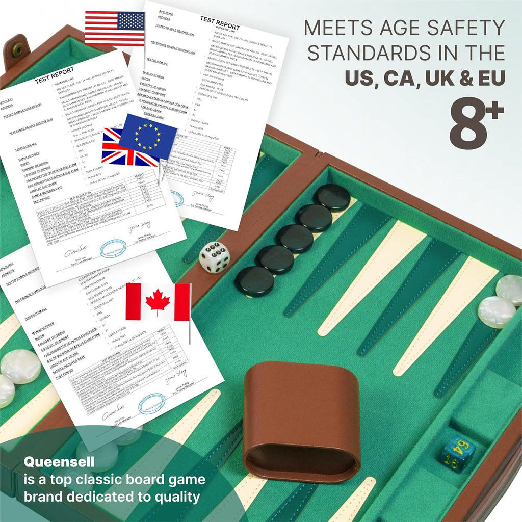 Backgammon - Juego de mesa para adultos de 15 pulgadas, juego de mesa de backgammon de piel sintética de alta calidad con 32 fichas, tazas de dados y cubo doble, juego de backgammon de viaje portátil