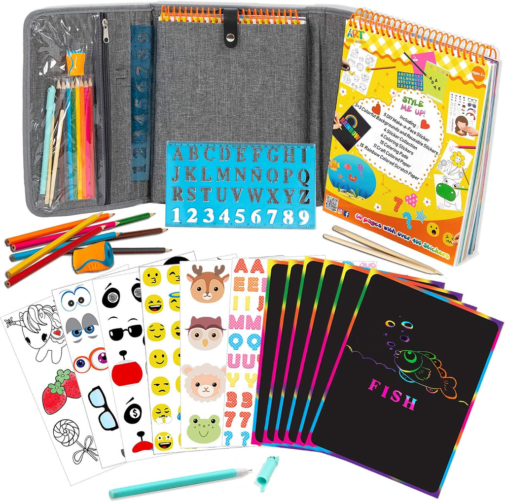 Libro de actividades para niñas y niños – Funda premium incluye 60 páginas grandes – 420 calcomanías, papeles para rascar arco iris, calcomanías reutilizables, lápices para colorear, números y letras – Juguetes educativos regalo