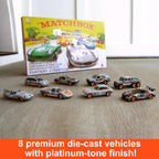 Matchbox Cars, juego de 8 autos fundidos a presión en escala 1:64 con decoraciones de primera calidad, incluyendo 1 vehículo exclusivo, neumáticos de agarre verdadero, acabado en tono platino