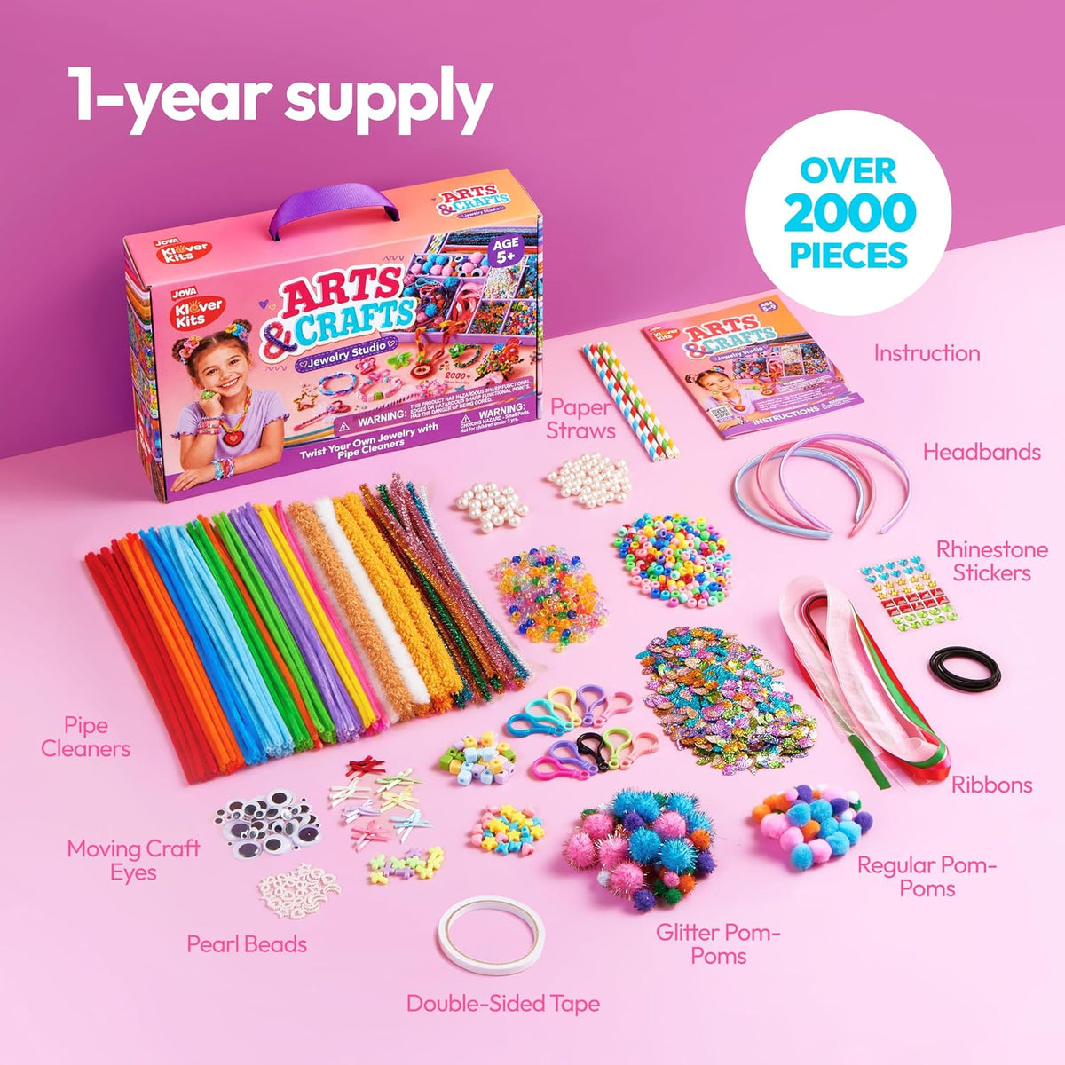 JOVA Klever Kits - Suministros para artes y manualidades, más de 2000 piezas de joyería de estudio en caja de manualidades, kit de fabricación de pulseras con temática de princesa