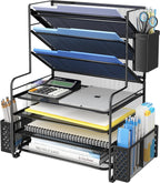 Simple Trending - Organizador de archivos de escritorio de 7 niveles, organizador de bandejas de papel tamaño carta con soporte para bolígrafos y canasta colgante de metal, negro