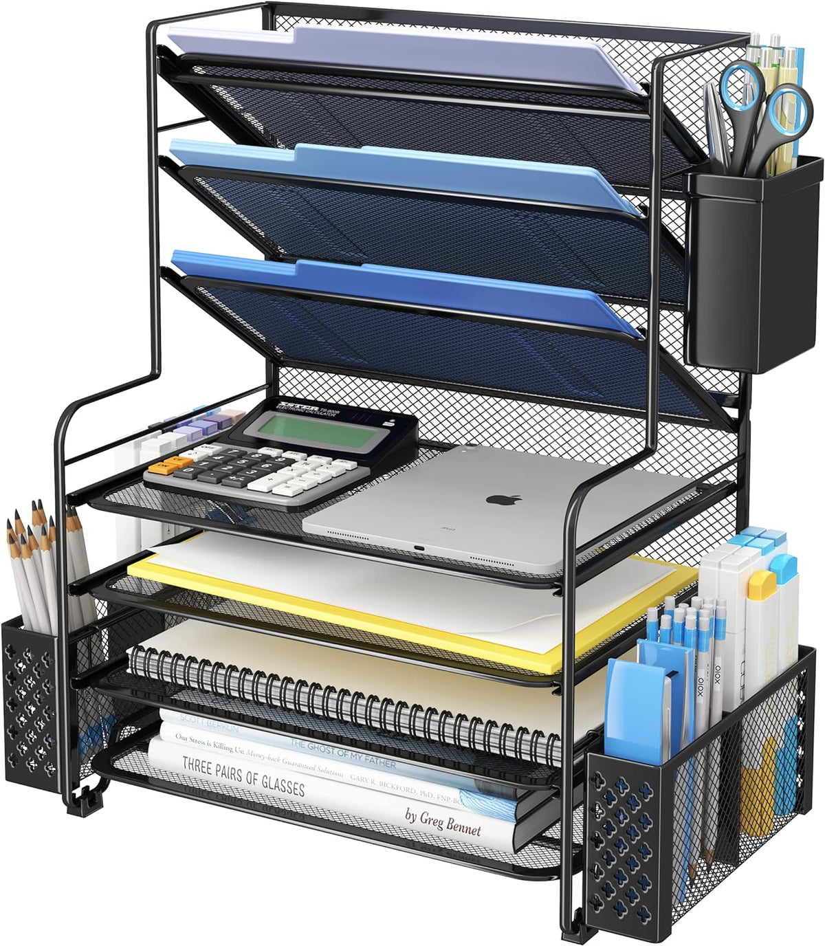 Simple Trending - Organizador de archivos de escritorio de 7 niveles, organizador de bandejas de papel tamaño carta con soporte para bolígrafos y canasta colgante de metal, negro