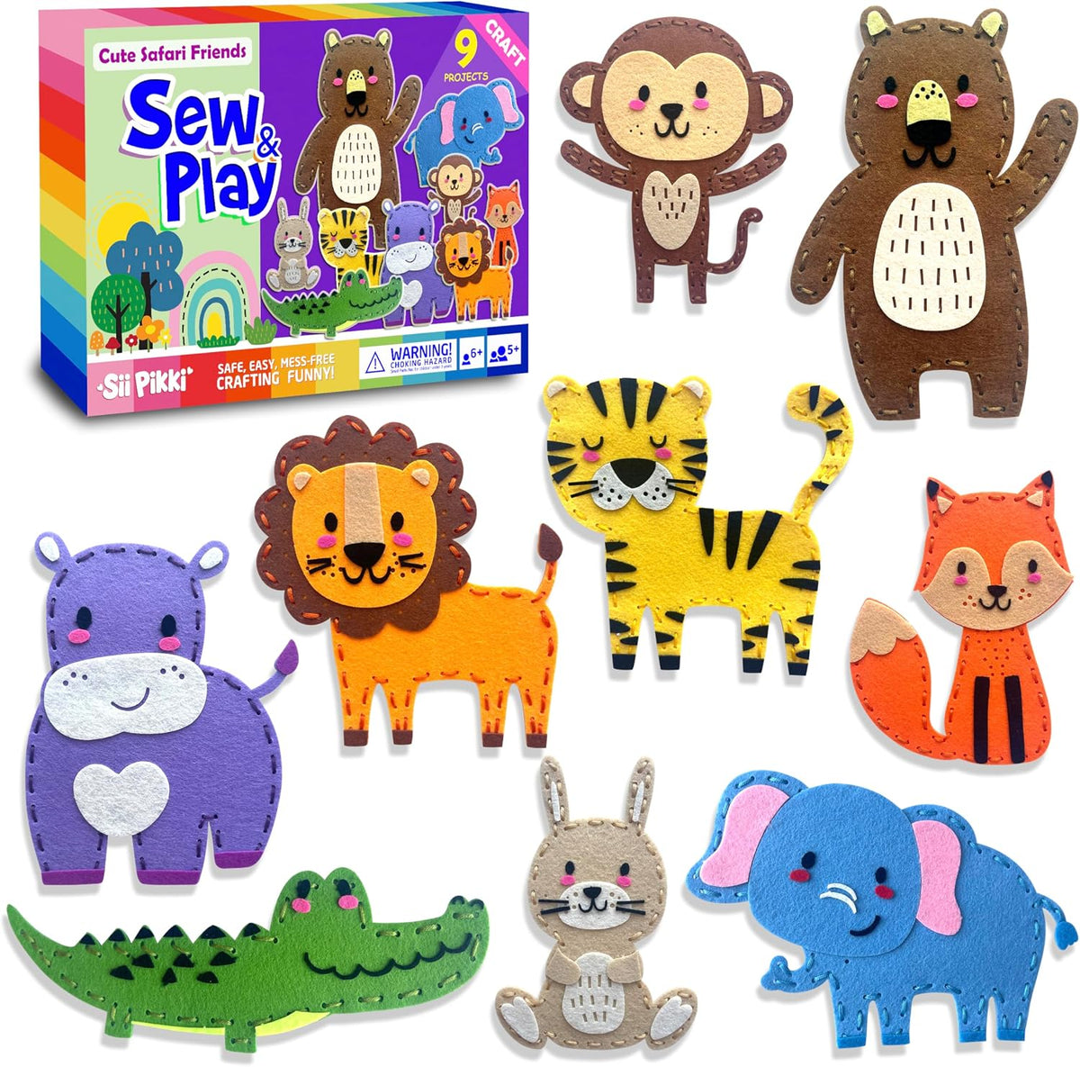 Sii Pikki Kit de costura para niños – 9 proyectos fáciles de animales de safari, kit de costura para principiantes con fieltro e instrucciones, kit de costura para niños de 6 a 12 años, aprende a