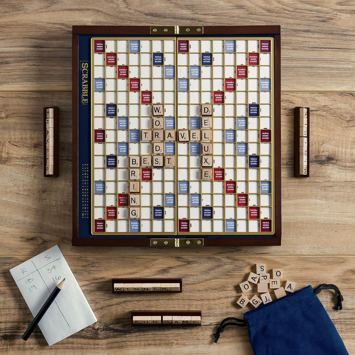 WS Game Company Scrabble Deluxe Travel Edition Portable Wood Board Game Set