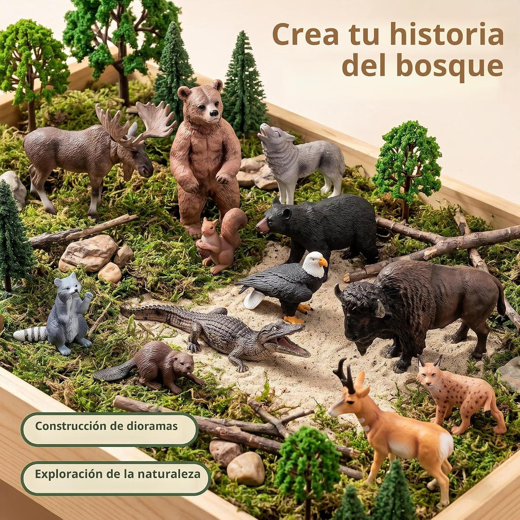 Juego de 12 figuras sólidas de animales del bosque de América del
