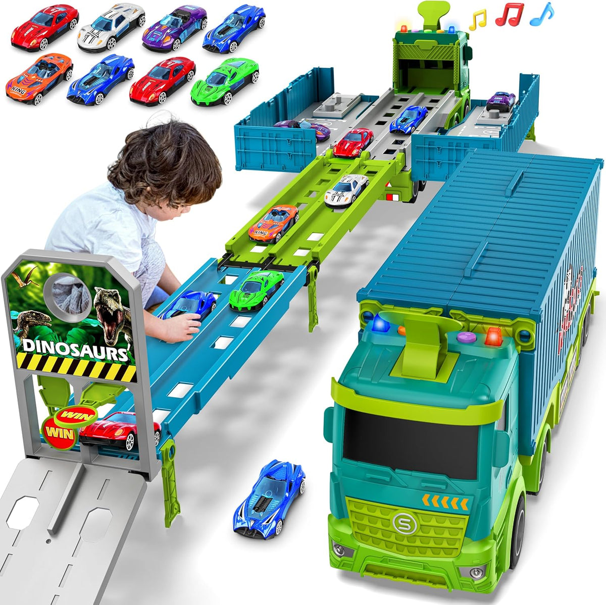 Juguetes de Pista de Carreras con Camión Transportador para Niños Pequeños, Dinosaurio