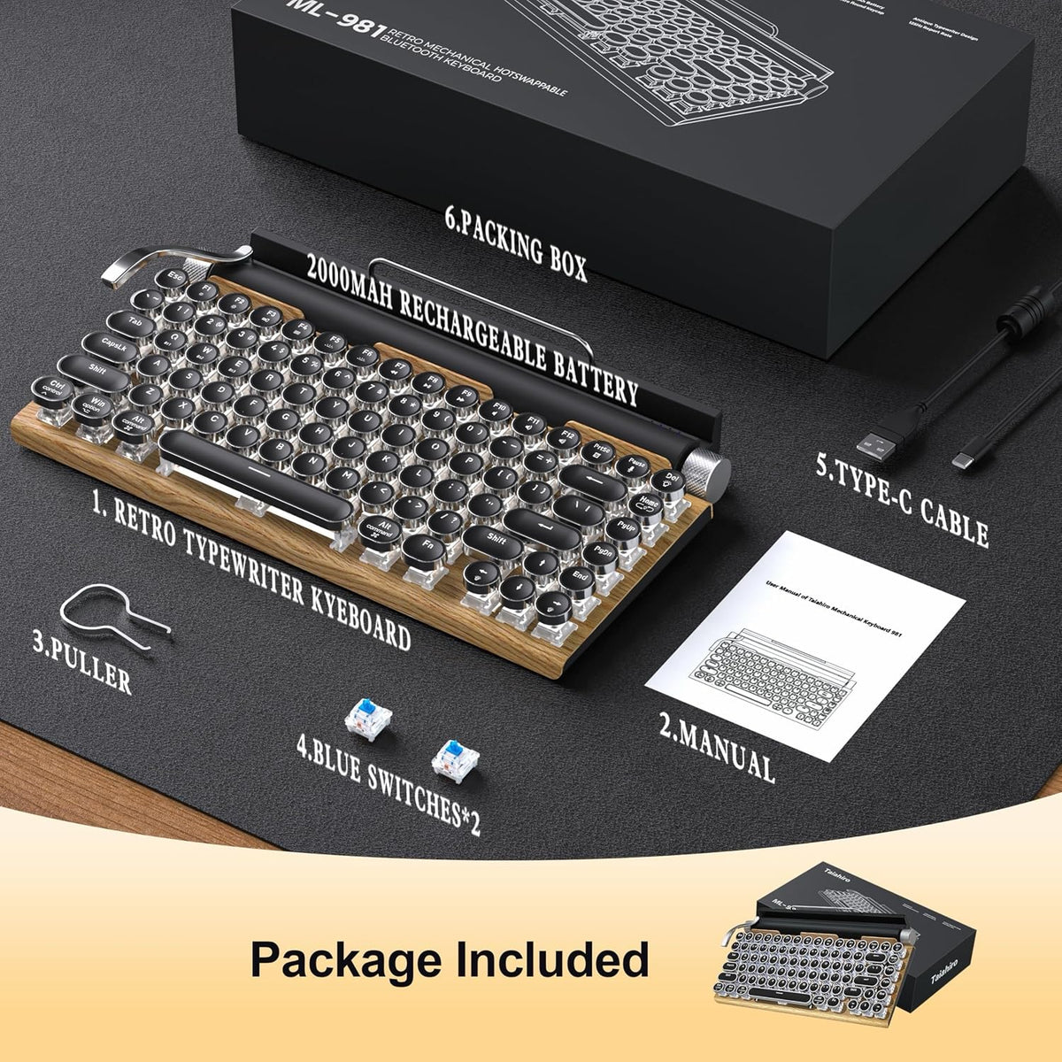 Teclado de máquina de escribir retro, teclado mecánico inalámbrico...