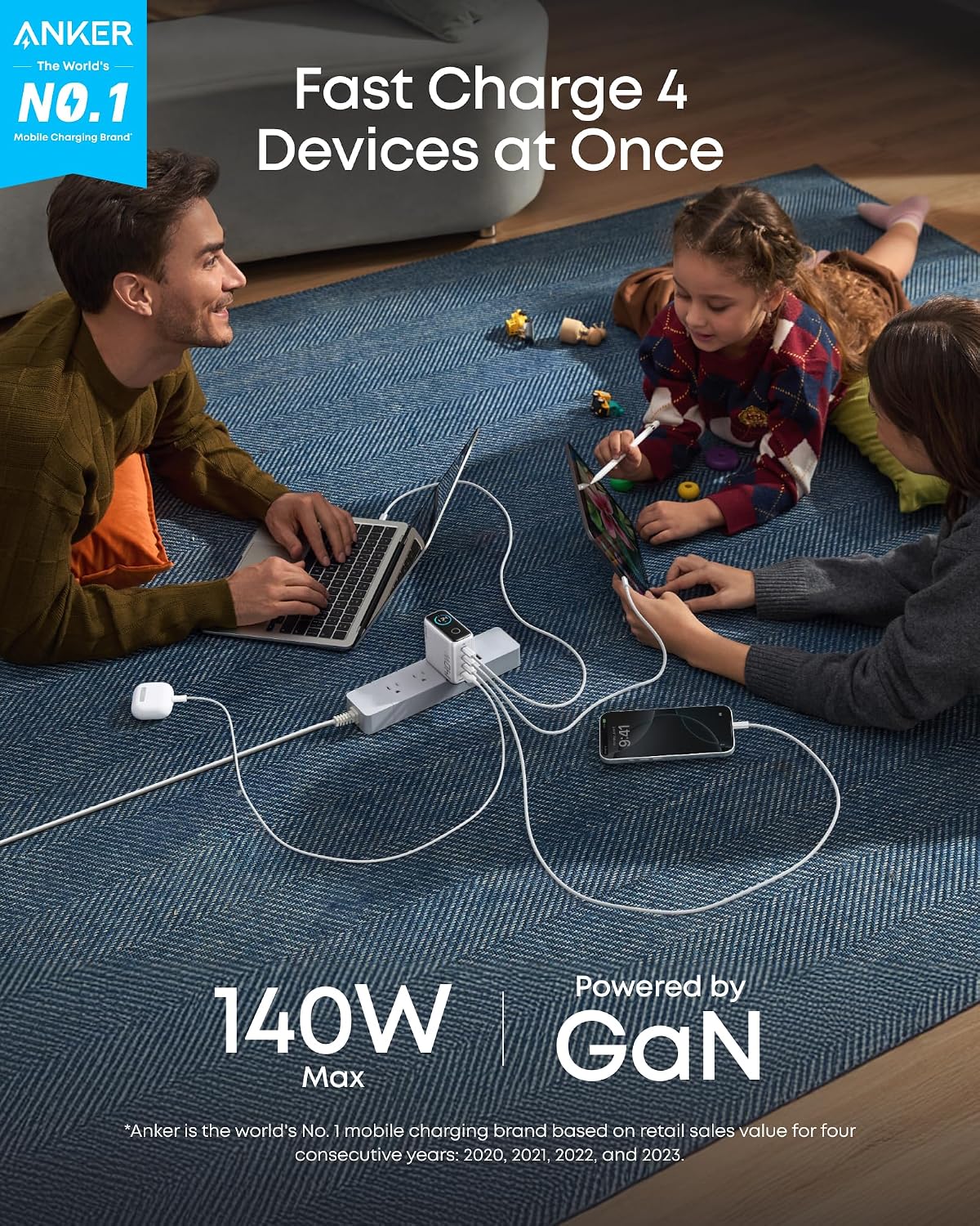 Anker 140W Max Bloque de Carga GaN de 4 Puertos, Pantalla Inteligente para Cargador de MacBook