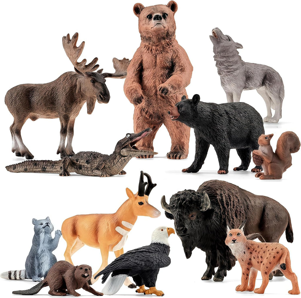 Juego de 12 figuras sólidas de animales del bosque de América del