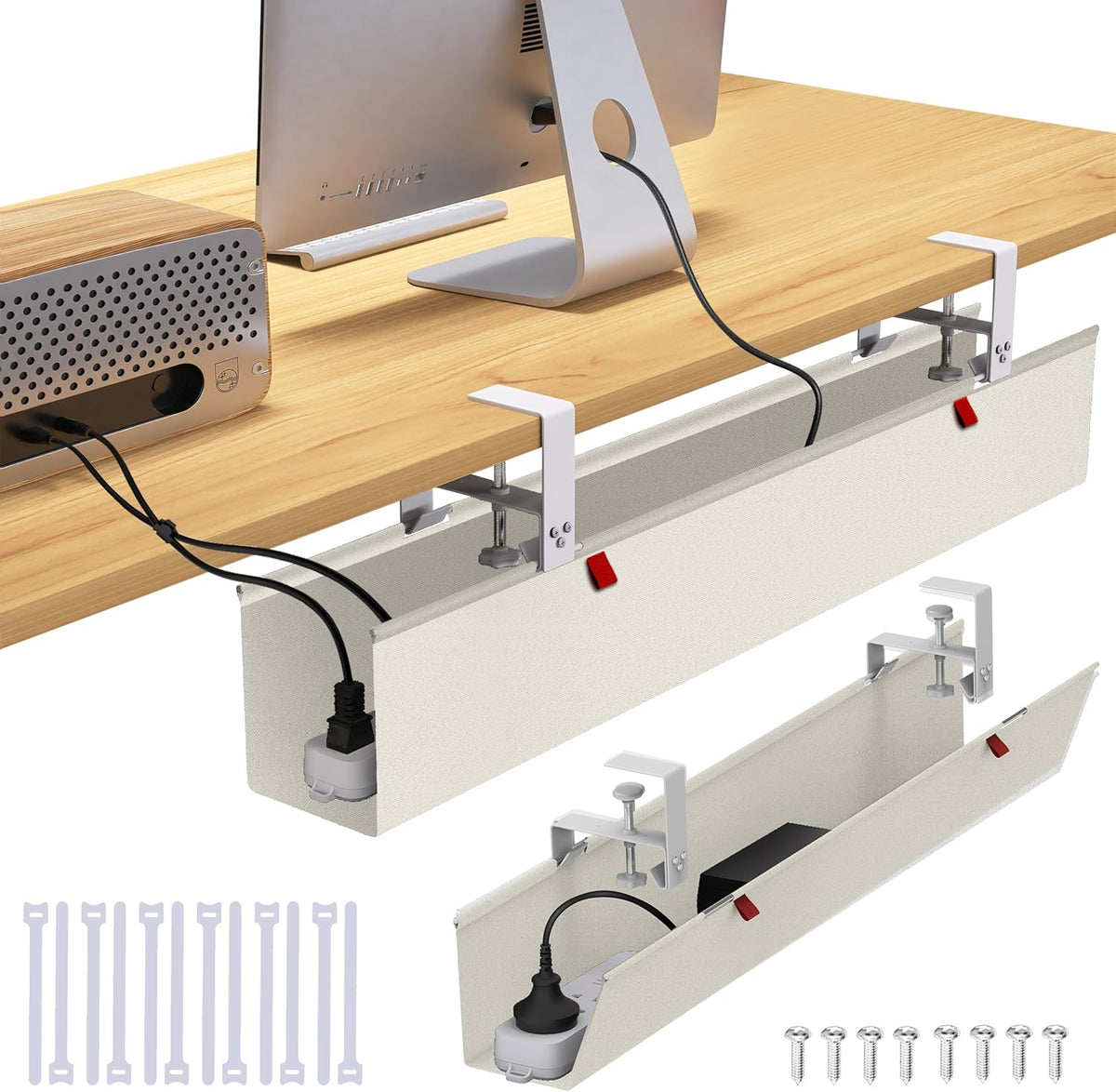 Bandeja de Gestión de Cables para debajo del escritorio de 36" para Home Office, Organizador de Cables sin Tornillos para Mesas de Vidrio y Madera, Cierre de Cables Antisag con Tejido Oxford, Compatible con protector contra sobretensiones (Beige, 35.8")