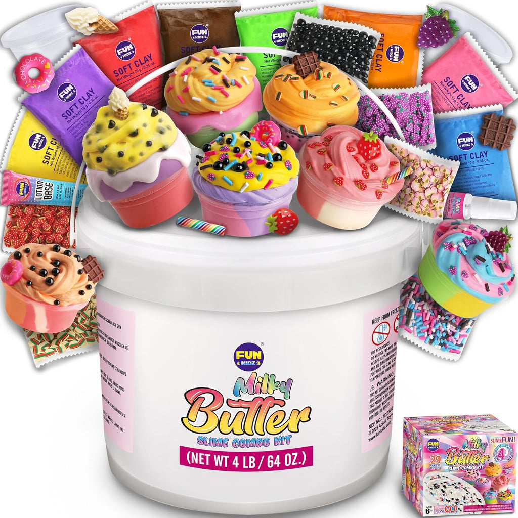 Cubo de Slime de Mantequilla Lechosa de 4 LB como Regalo para Niñas, FunKidz 64 FL OZ Kit de Juguete de Slime Blanco Suave Enorme Preelaborado Perfumado con 29 Complementos Variados, Regalo de