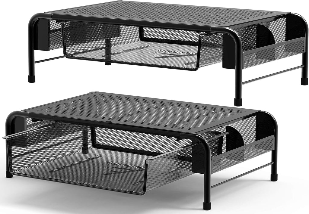 SimpleHouseware. Soporte elevador de escritorio de metal con cajón organizador, Negro Paquete de 2