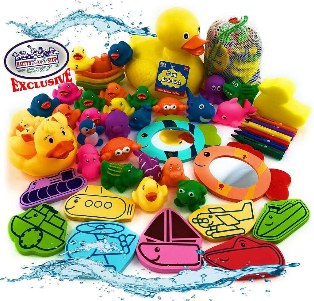 Juego de 119 juguetes de baño de Toy Stop de 119 piezas con pato de goma gigante, calcomanías de baño, espejos, crayones, esponja, mini animales, animales medianos, botes apilables, letras de espuma,