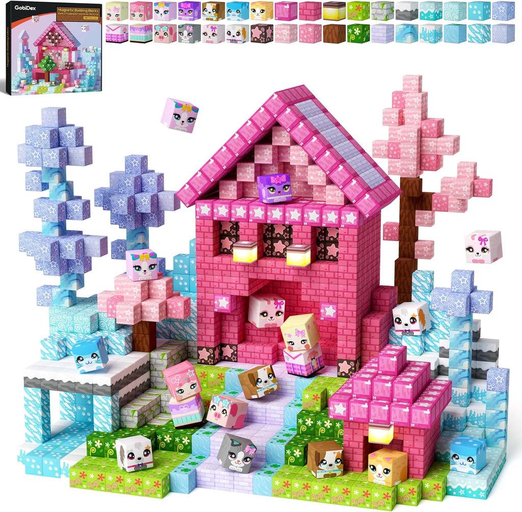 Bloques magnéticos GobiDex de 100 piezas para niños, bloques de construcción de castillo de princesa rosa