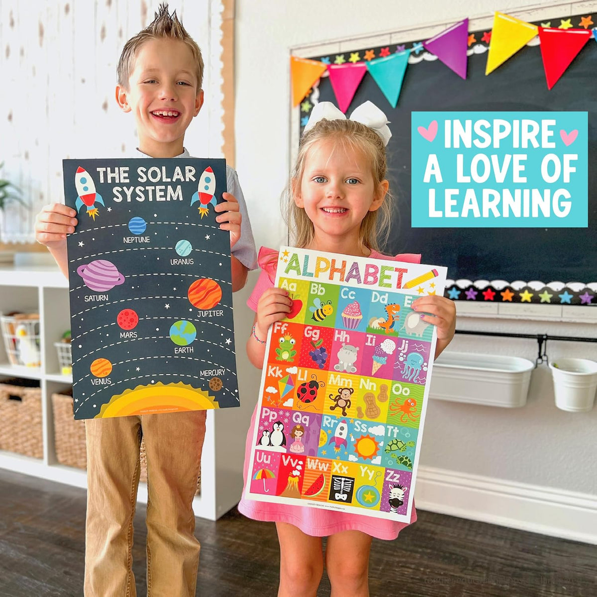 16 carteles educativos para decoración de aula y jardín de infantes, suministros de escuela en casa para bebés a niños de 3.º grado, materiales laminados de prekín: mapa de EE. UU. y del mundo, alfabeto ABC, formas, días de la semana