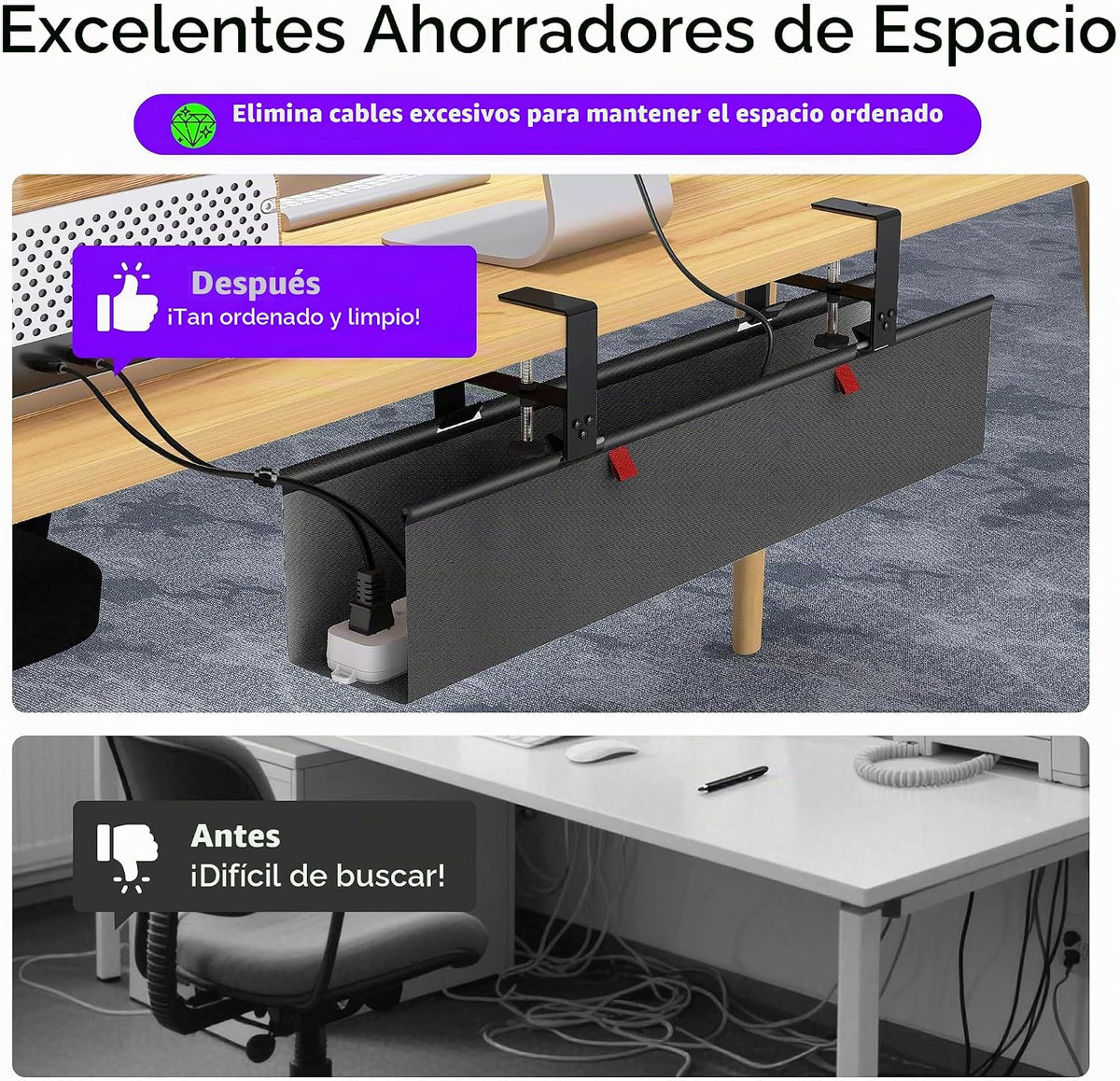 Bandeja de Gestión de Cables Bajo el Escritorio - Gestión de Cables Bajo el Escritorio - Montaje con Abrazadera/Tornillo - Gestión de Cables de Tela - Bandeja de Canaletas para Cables