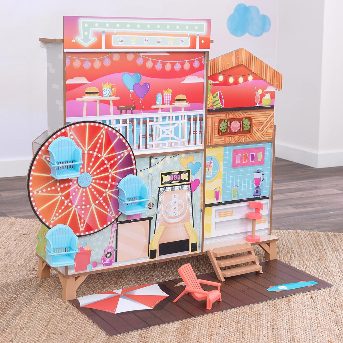 KidKraft Ferris Wheel Fun Beach House - Casa de muñecas de madera con 19 accesorios y EZ Kraft Assembly™, regalo para mayores de 3 años
