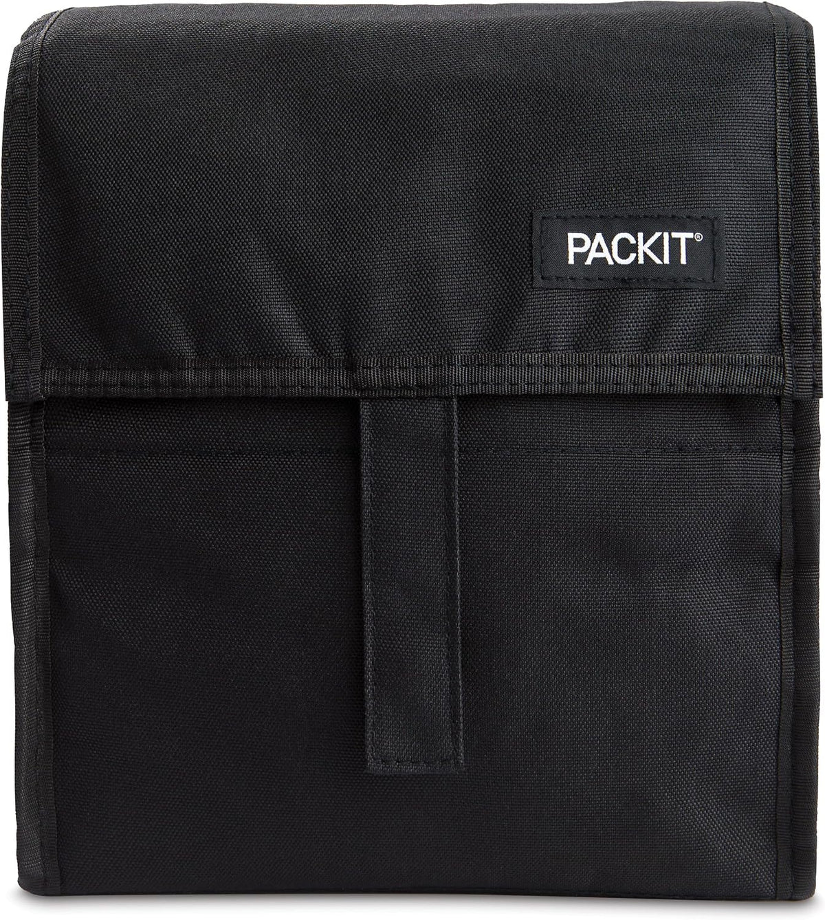 PackIt Bolsa de almuerzo congelable, negra, fabricada con tecnología EcoFreeze, plegable, reutilizable, cierre con cremallera y doblez con asa de hebilla, perfecta para almuerzos escolares y de
