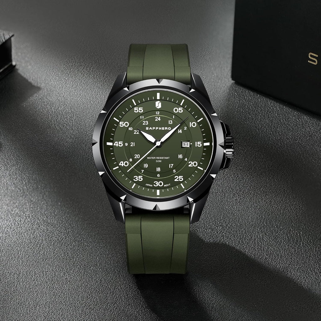 SAPPHERO Reloj analógico de cuarzo luminoso para hombre, 164 ft, resistente al agua, con fecha, casual, elegante, para trabajo, negocios, correa de silicona, relojes de pulsera para hombre