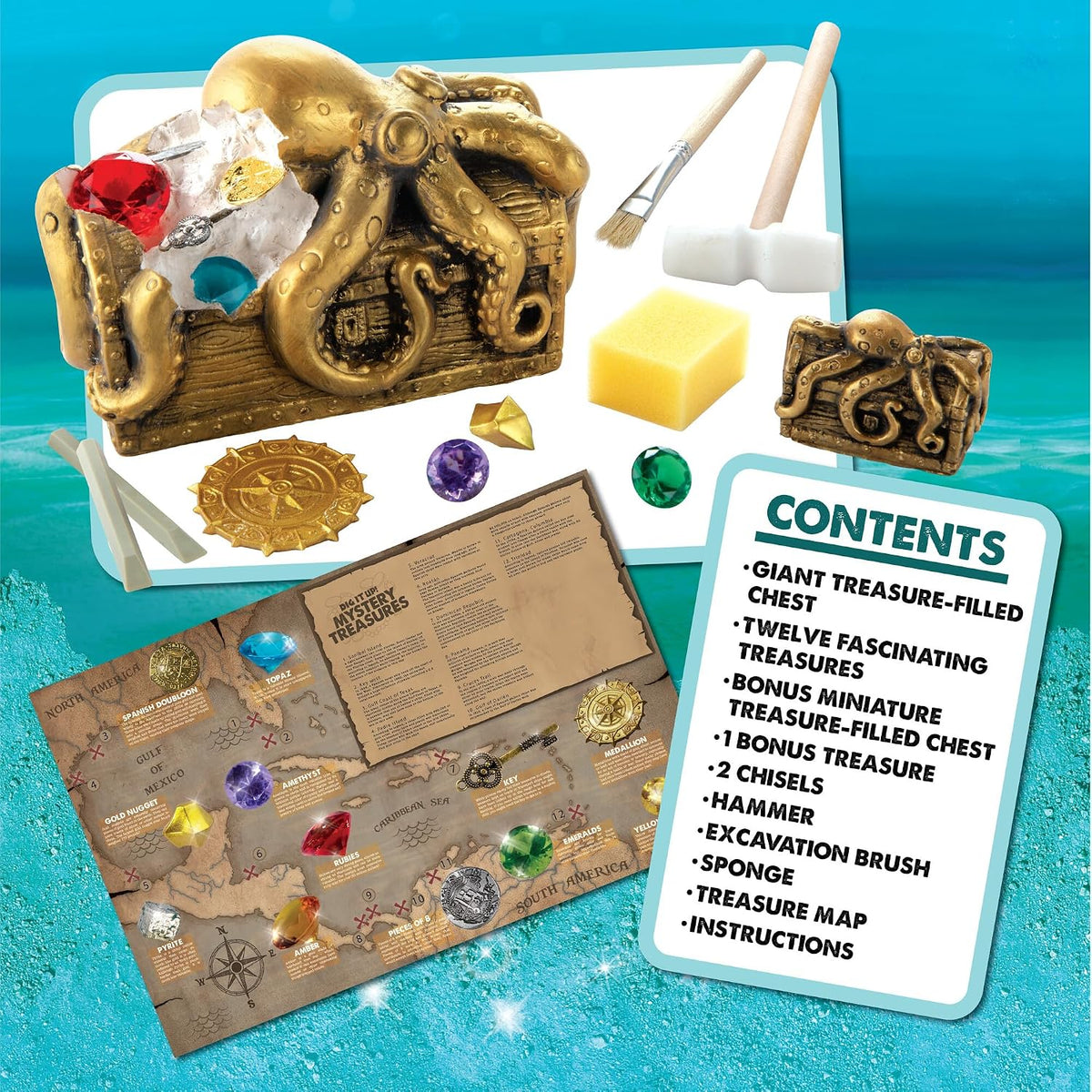 MindWare Dig It Up Discoveries - Cofre del tesoro misterioso pirata para niños, proyecto gigante de descubrimiento para niños - Excava 13 tesoros - Incluye una excavación adicional, 2 cinceles y 1