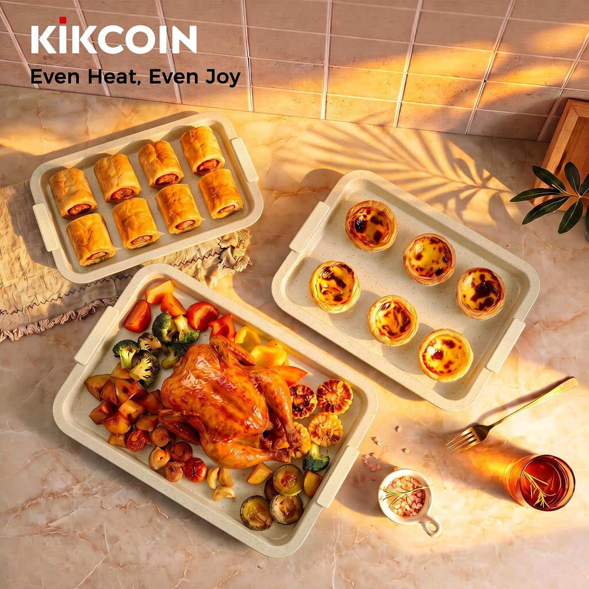Kikcoin Juego de 3 bandejas antiadherentes para hornear para hornear, bandejas de acero al carbono con asas de silicona de lichi, 2 revestimientos de cerámica gruesos sin PFOA, moldes para hornear
