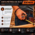 Benchmark - Paquete de 3 - Cinta métrica de 25 pies - Fracciones fáciles de leer a 1/8 de pulgada - Punta magnética - Pulgar y bloqueo rápido - Autowind - Clip para cinturón - Naranja/Rojo