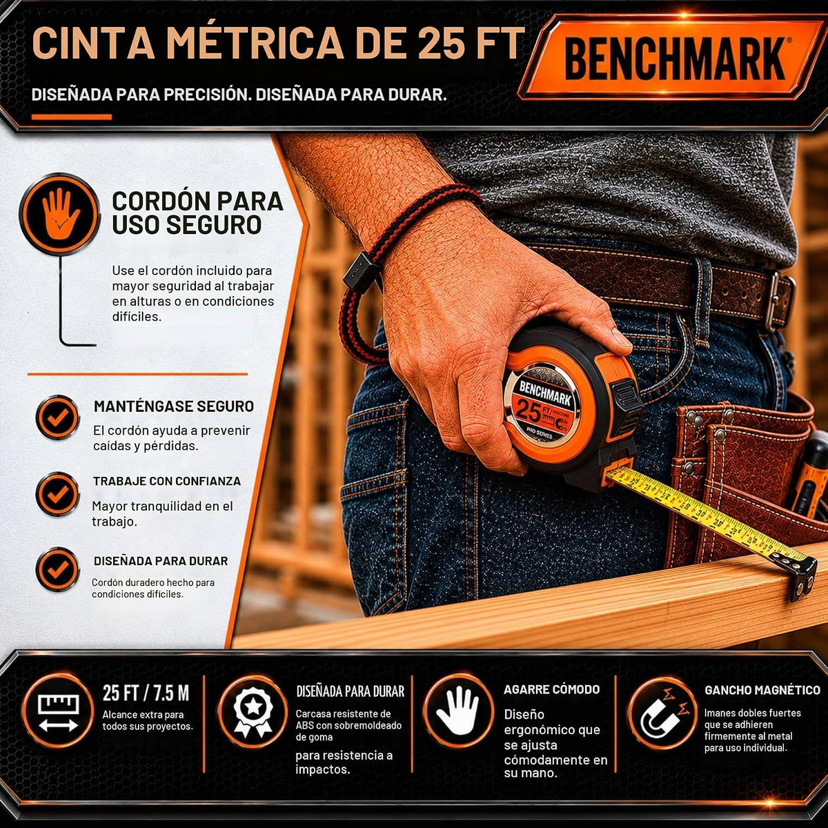 Benchmark - Paquete de 3 - Cinta métrica de 25 pies - Fracciones fáciles de leer a 1/8 de pulgada - Punta magnética - Pulgar y bloqueo rápido - Autowind - Clip para cinturón - Naranja/Rojo