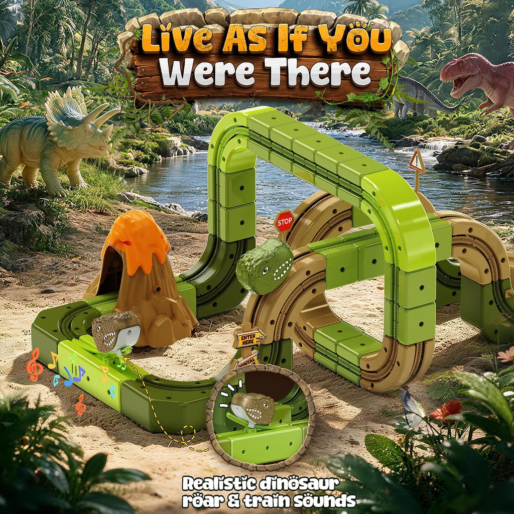 Juego de tren eléctrico de dinosaurio para niños, 90 piezas de
