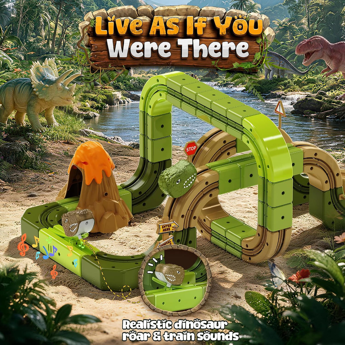 Juego de tren eléctrico de dinosaurio para niños, 90 piezas de