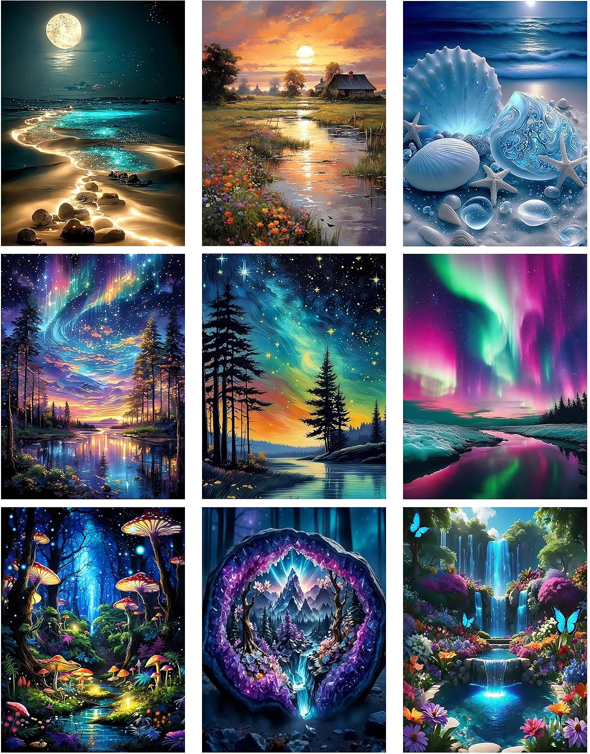 Paquete de 9 kits de arte de diamantes para adultos, kit de pintura de diamantes de paisaje de 12 x 16 pulgadas