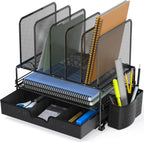 Organizador de escritorio SimpleHouseware de malla con cajón deslizante, doble bandeja y 5 secciones verticales, color negro