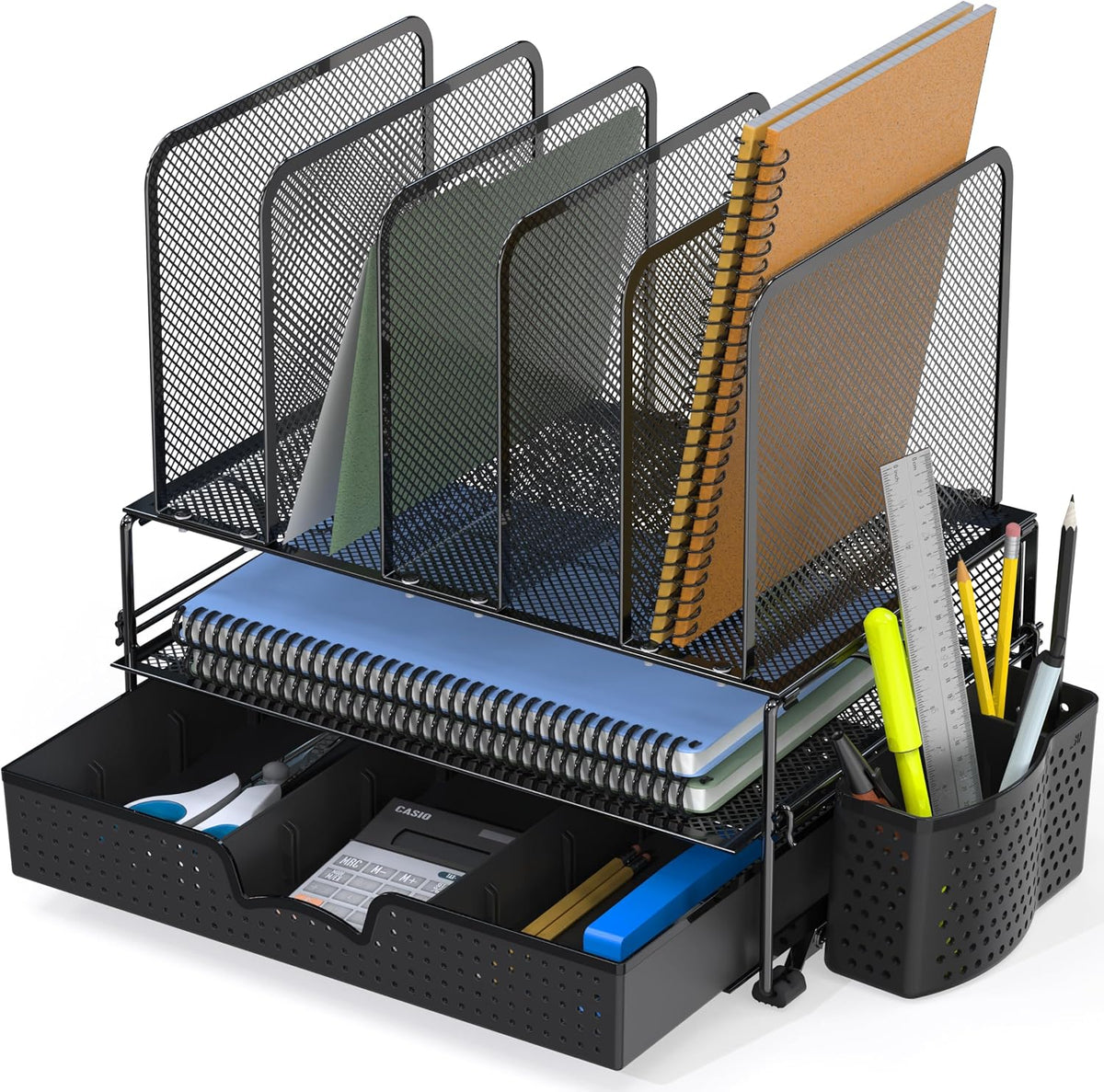 Organizador de escritorio SimpleHouseware de malla con cajón deslizante, doble bandeja y 5 secciones verticales, color negro