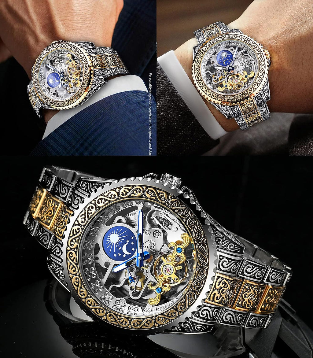 FORSINING Reloj retro para hombre, tallado, automático, mecánico, tatuaje, tourbillon, fase lunar, segundos independientes, esqueleto automático, esfera grande, relojes de pulsera