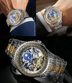 FORSINING Reloj retro para hombre, tallado, automático, mecánico, tatuaje, tourbillon, fase lunar, segundos independientes, esqueleto automático, esfera grande, relojes de pulsera