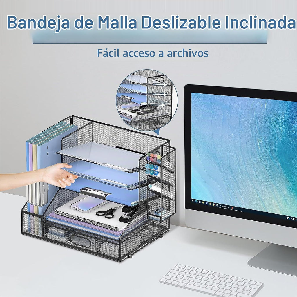 Organizador de Escritorio con Porta-Folios de 5 Estantes y Bandeja Deslizante para Lápiz, Negro