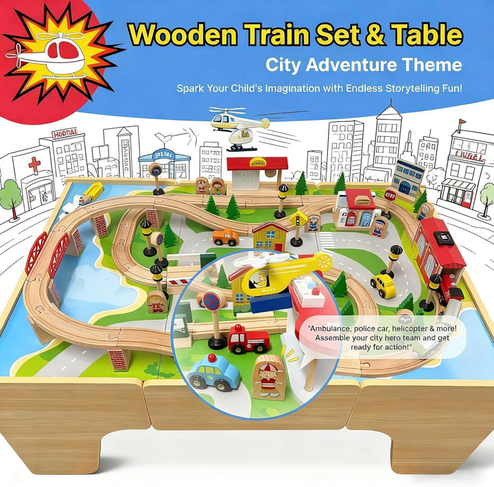 Juego de tren de madera y mesa con cajón mesa de