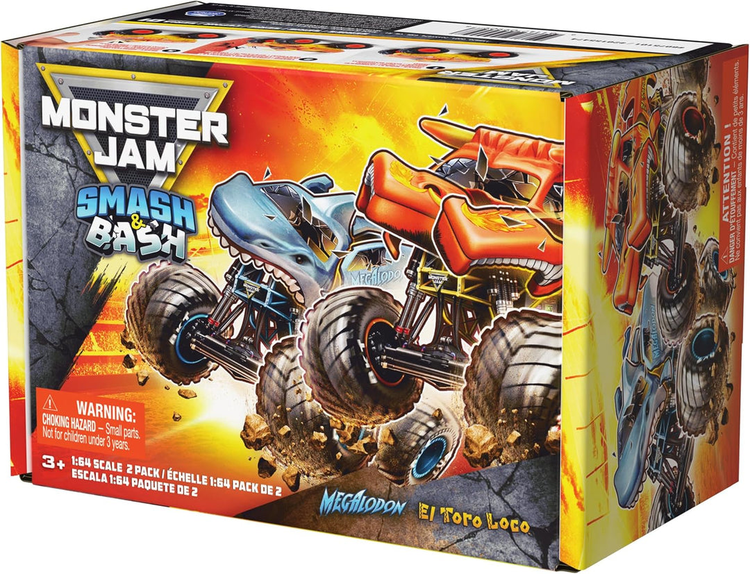 Monster Jam Smash &amp; Bash 2-Pack Monster Trucks, Megalodon &amp;...