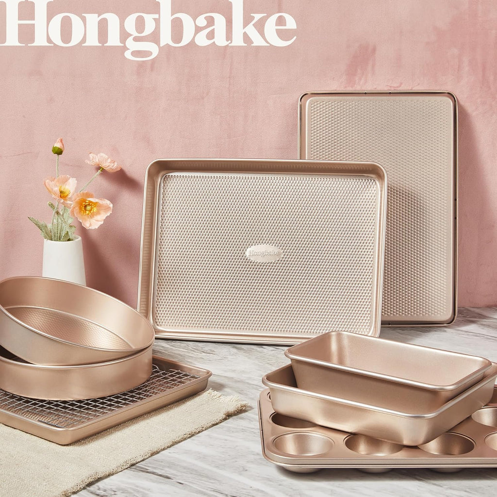 Juego de 9 moldes para hornear antiadherentes, apilables no tóxicos con textura de diamante, juego de bandejas para horno para cocinar, incluye bandeja para galletas con rejilla, molde para