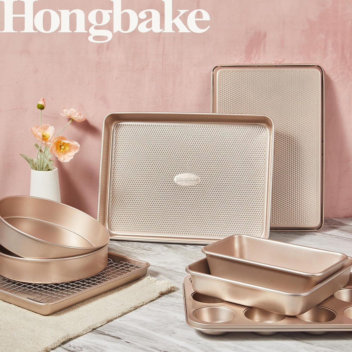 Juego de 9 moldes para hornear antiadherentes, apilables no tóxicos con textura de diamante, juego de bandejas para horno para cocinar, incluye bandeja para galletas con rejilla, molde para