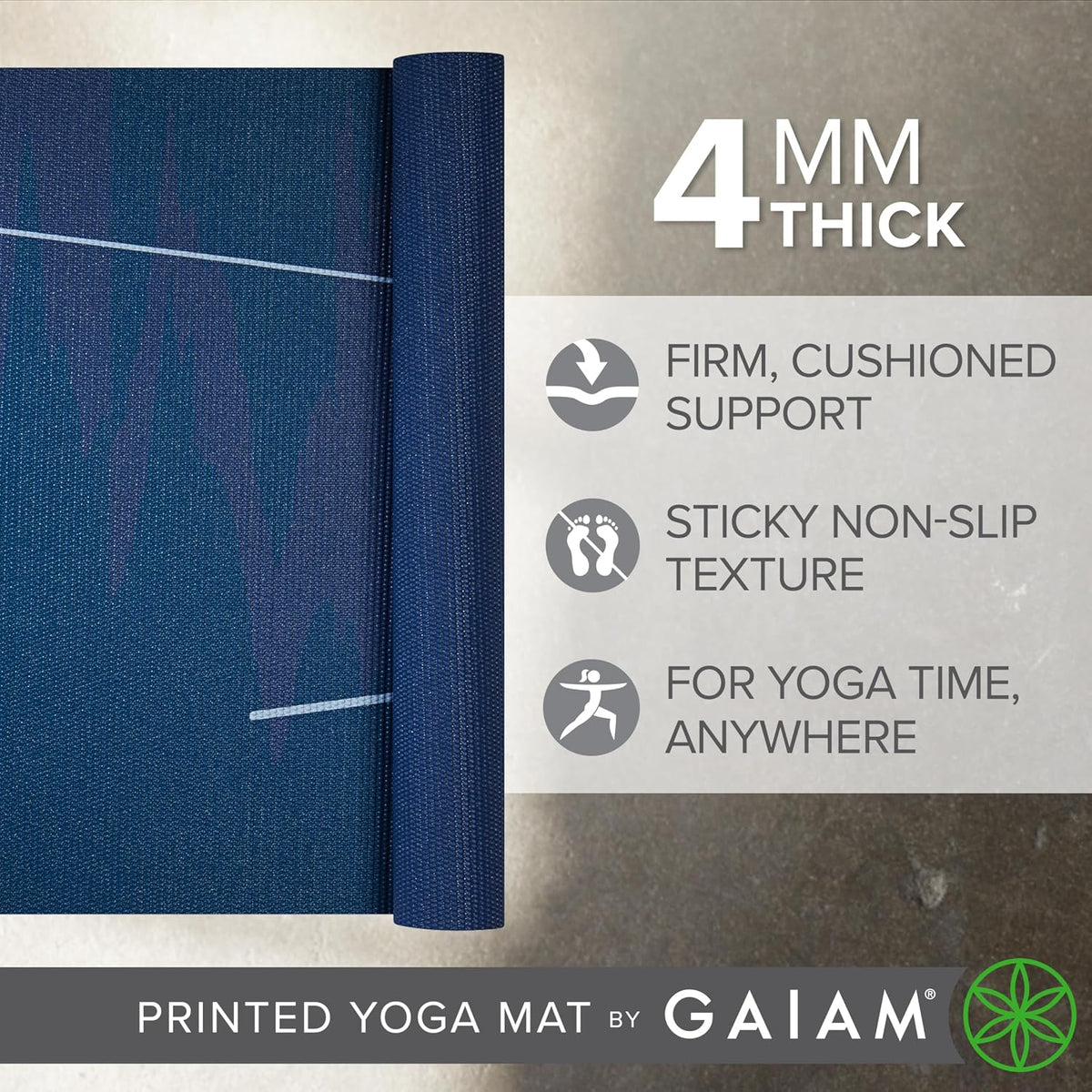 Gaiam - Tapete de yoga con estampado, antideslizante para ejercicio y fitness para todo tipo de yoga, pilates y ejercicios en el suelo