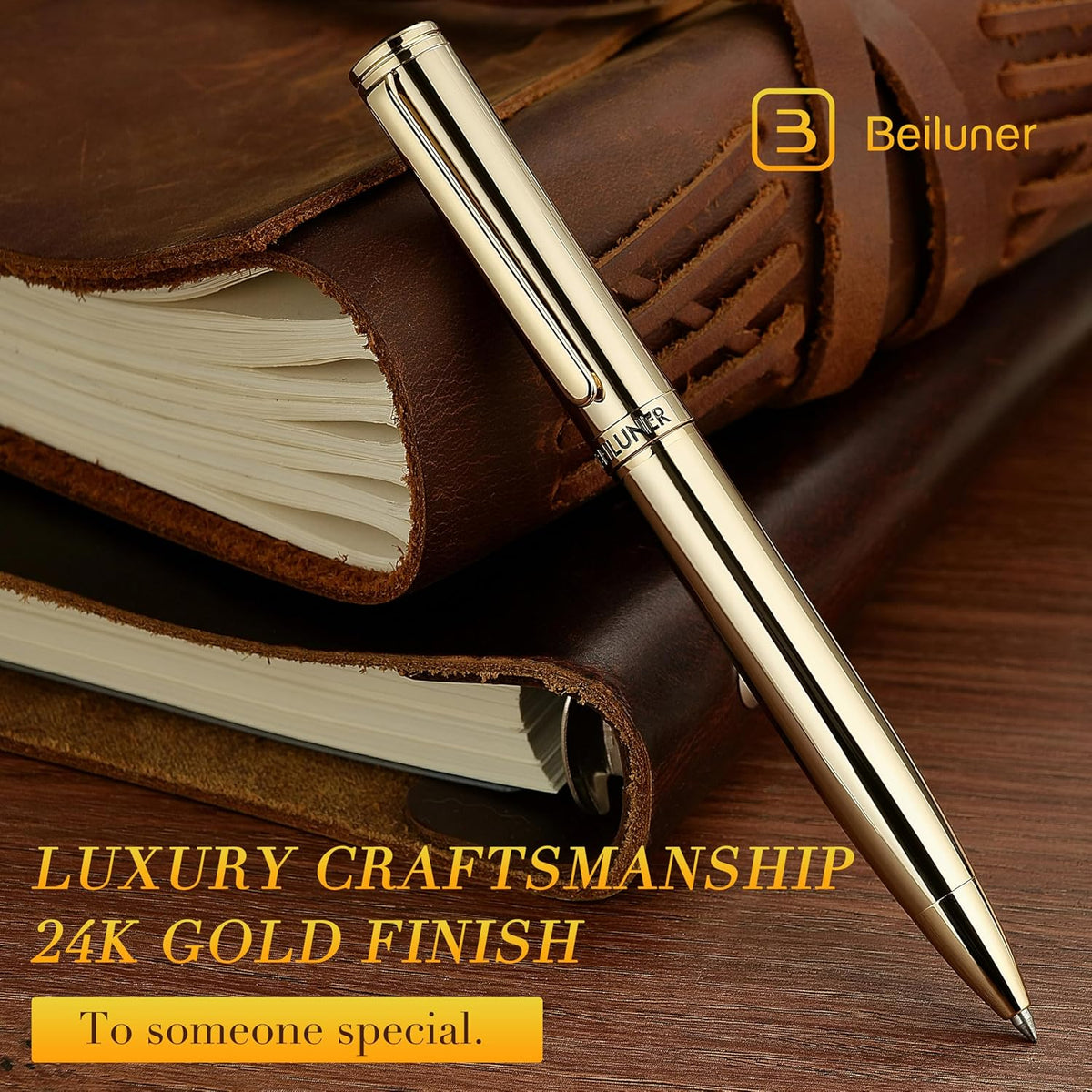 BEILUNER - Bolígrafo de gel dorado, impresionantes bolígrafos de lujo con chapado de oro de 24 quilates, repuesto de tinta negra, set de regalo ejecutivo para familiares y amigos, para escritura