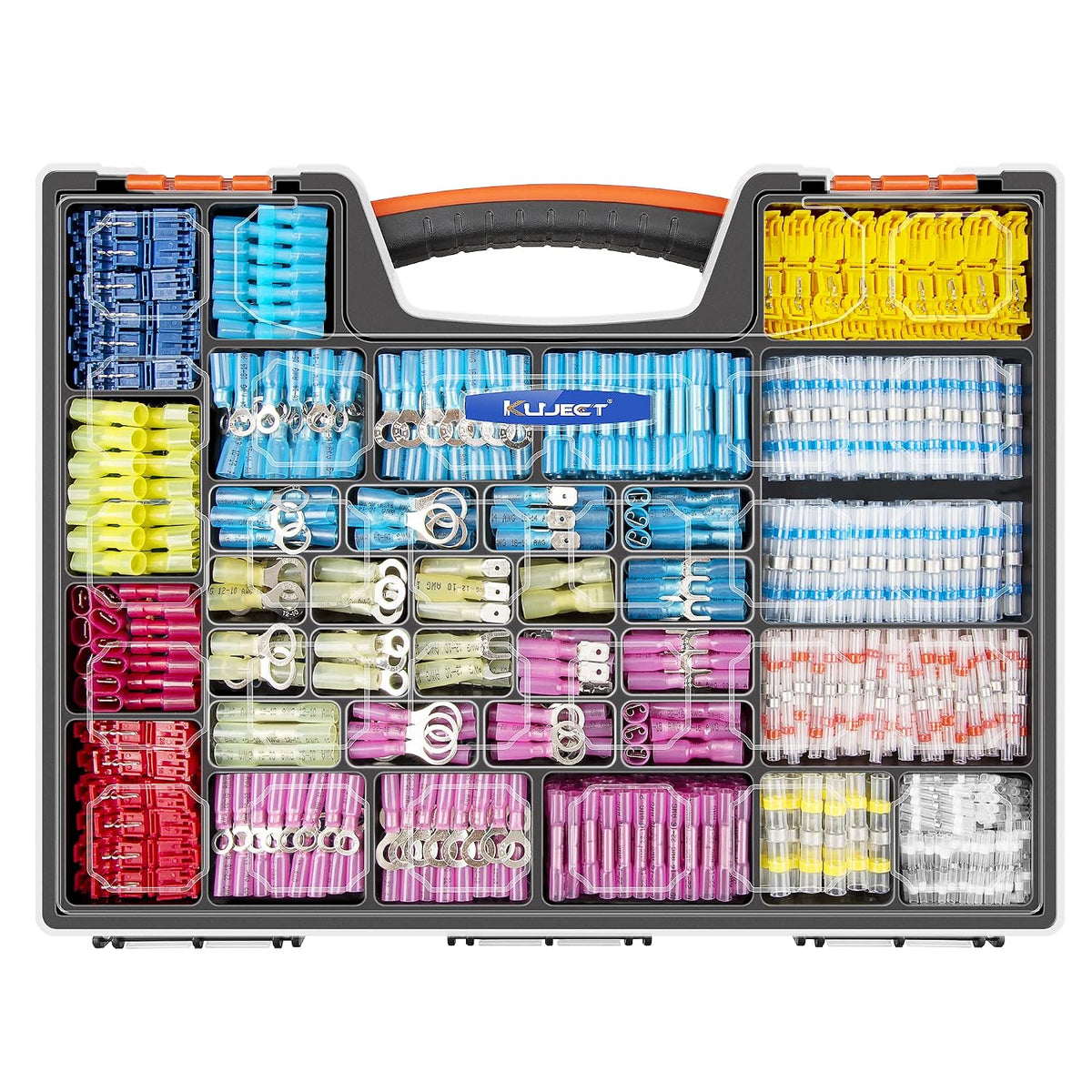 Kuject Conectores de alambre termorretráctiles, kit de conectores de pala eléctrica impermeables de 1500 piezas, anillo de crimpado aislado, terminal de espada de horquilla