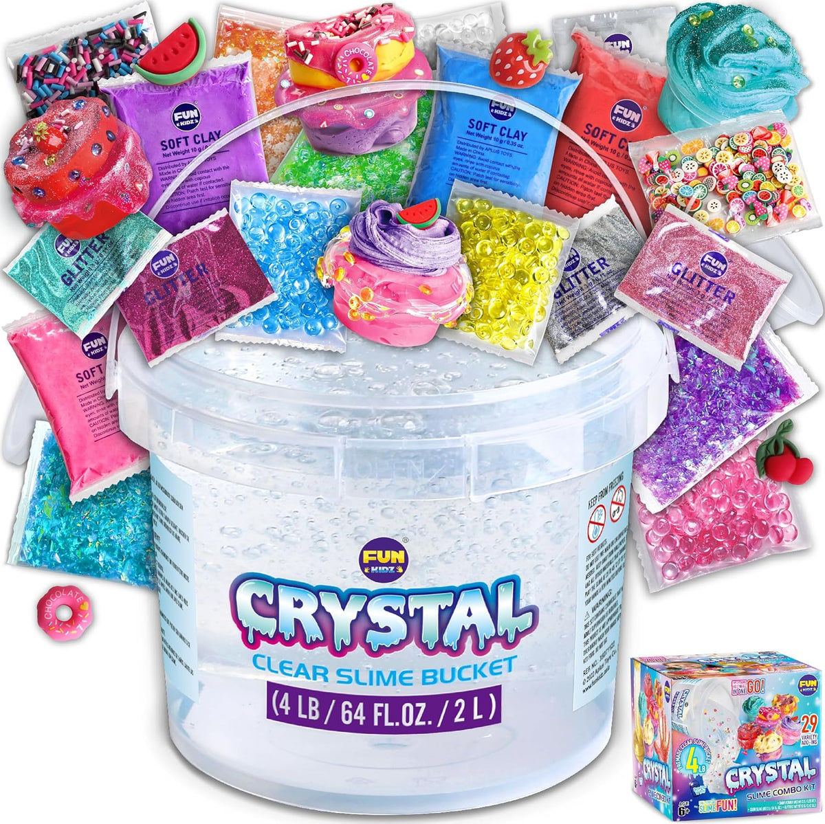 FunKidz - Juguete enorme de 4 libras para niños, cubo de slime transparente y cristalino de 64 onzas líquidas, regalo con 29 juegos de complementos, kit de slime jumbo para niñas y niños regalo de