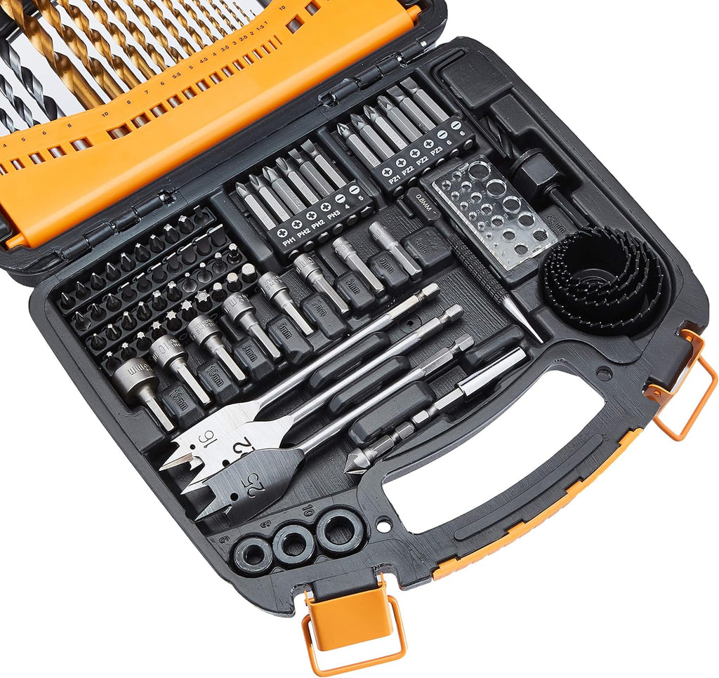 Amazon Basics Drill & Driver - Juego de brocas de acero aleado para metal, madera, plástico, mampostería, con estuche de almacenamiento, 100 piezas