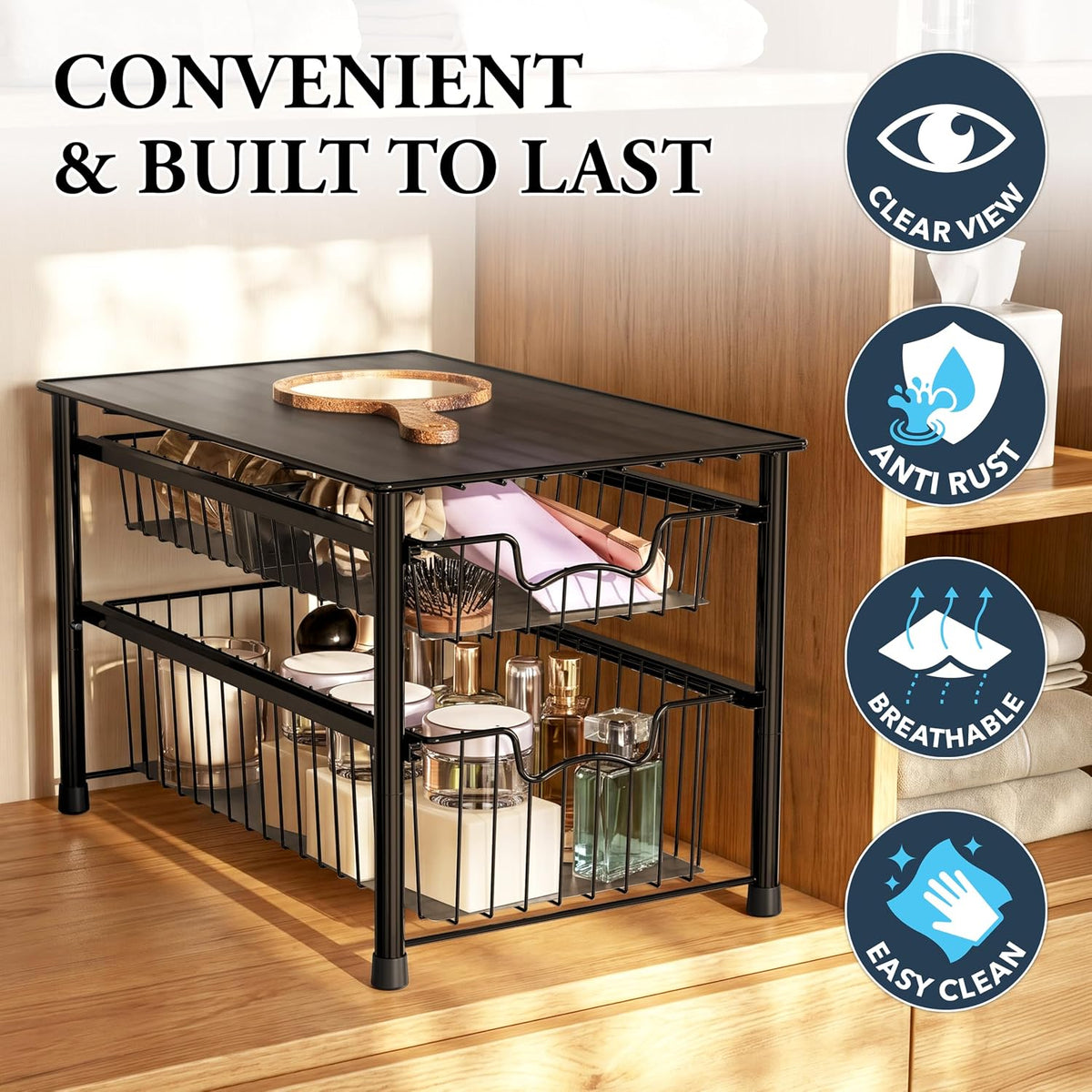 Simple Houseware Cajón organizador apilable de cesta deslizante, negro, 2 niveles