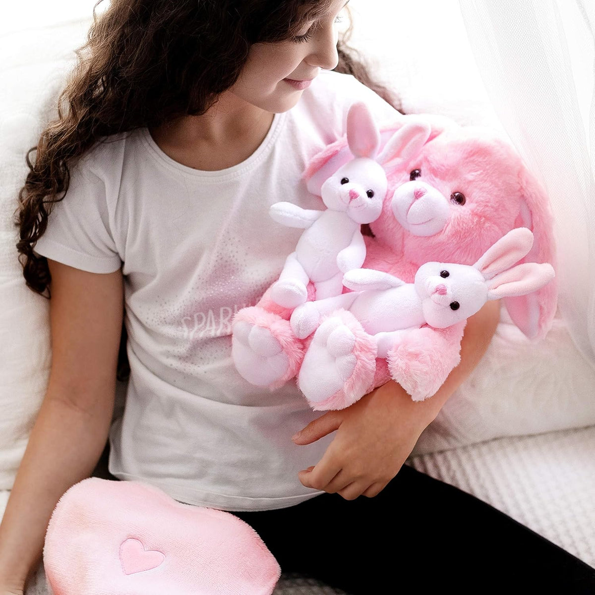 Perfectto Design Regalos de Pascua para niños, juguete de conejo de peluche, 5 piezas, conejo de peluche para mamá, 2 conejitos y bolsa peluda. Regalo de peluche suave de conejo de Pascua para niños
