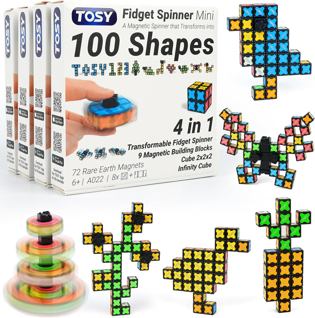 TOSY Magnet Fidget Spinner Mini - 8 Bloques, Juguete 3 en 1: Spinner transformable, Cubo Infinito, Cubo Rompecabezas 2x2, Alivio de Estrés, Bloques Magnéticos STEM Regalo de Cumpleaños para Niños/Varones/Mujeres/Adultos, Paquete de 4