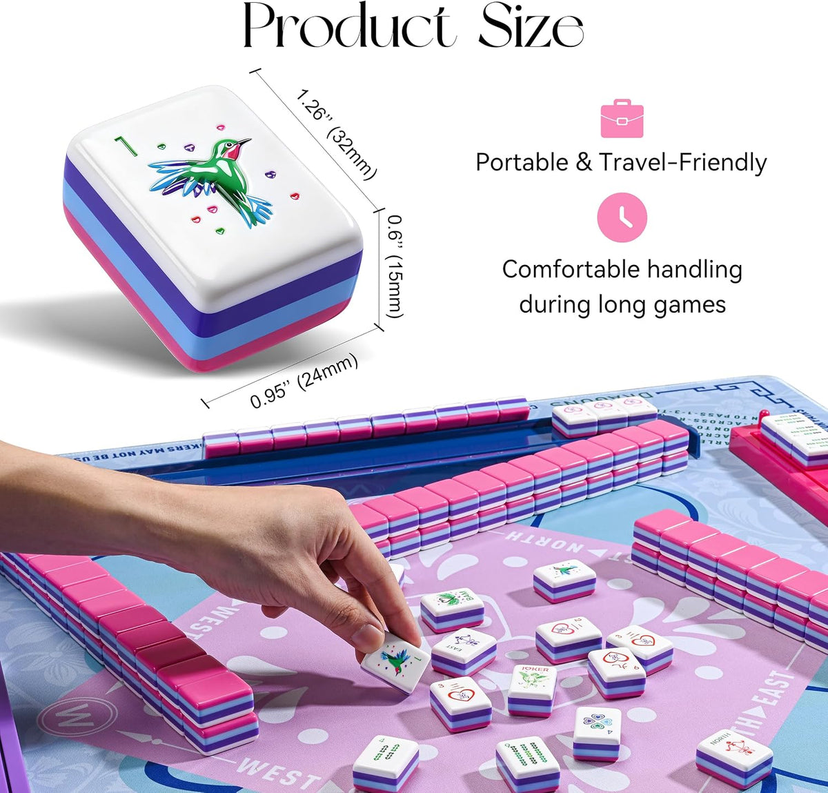 American Love Pink Mahjong Set - 160 azulejos acrílicos de alta calidad, diseño de corazón de 4 capas, 4 estantes y empujadores todo en uno, 100 fichas, 3 dados dorados