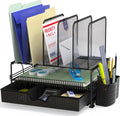 Organizador de escritorio SimpleHouseware de malla con cajón deslizante, doble bandeja y 5 secciones verticales, color negro